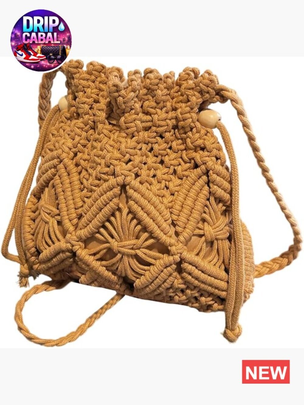 Braided Bucket Bag Drawstring Crossbody Bag Crochet Shoulder Handbag Hollow Out